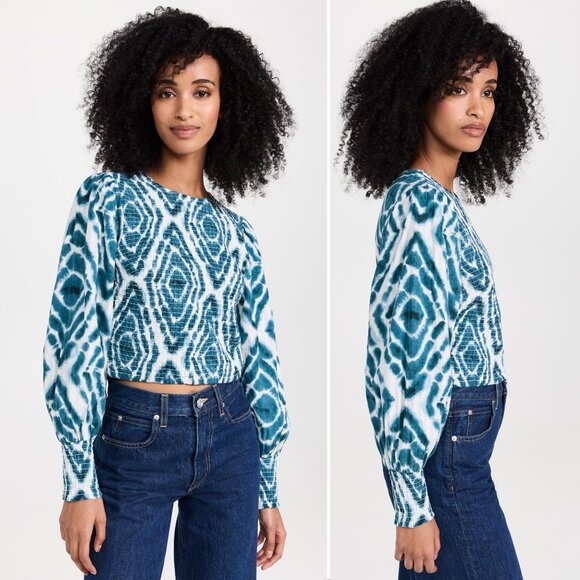 SCOTCH & SODA Smocked Long Sleeve Top Blouse US Size 10 L Bow Back Teal Tie Dye - Picture 4 of 11